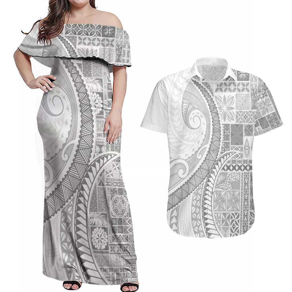 Samoa Siapo White Sunday Couples Matching Off Shoulder Maxi Dress and Hawaiian Shirt Lotu Tamaiti Polynesian White Pattern - Polynesian Pride