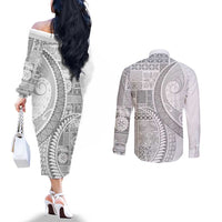 Samoa Siapo White Sunday Couples Matching Off The Shoulder Long Sleeve Dress and Long Sleeve Button Shirt Lotu Tamaiti Polynesian White Pattern - Polynesian Pride