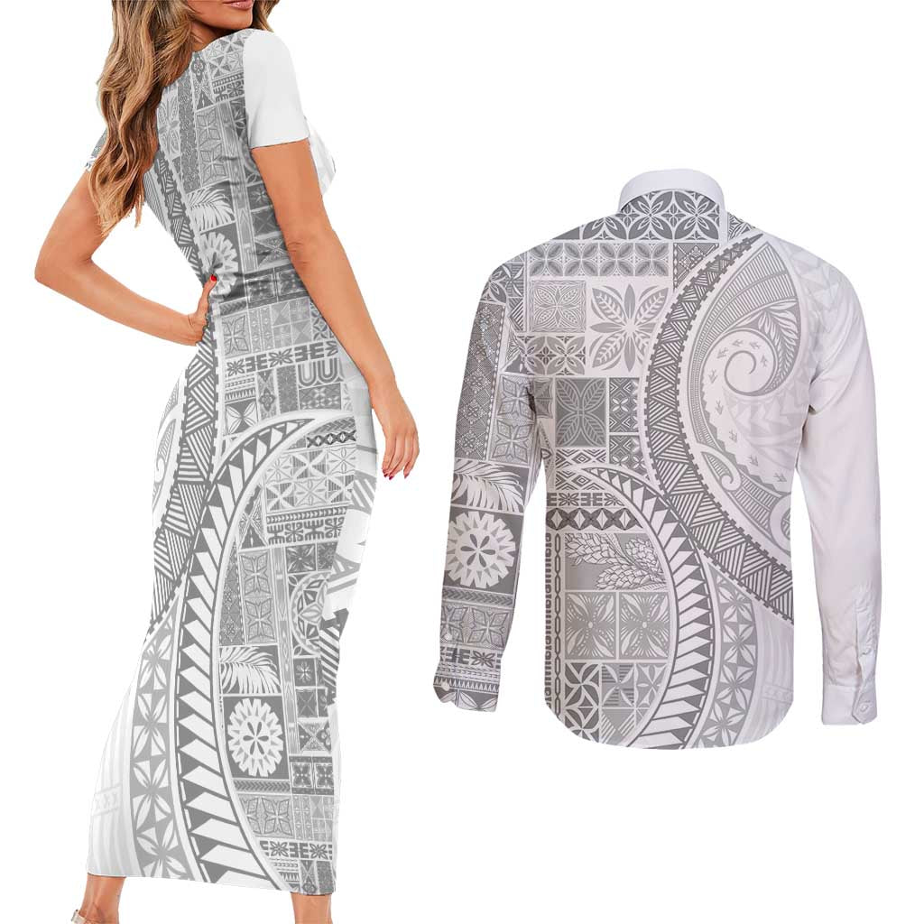 Samoa Siapo White Sunday Couples Matching Short Sleeve Bodycon Dress and Long Sleeve Button Shirt Lotu Tamaiti Polynesian White Pattern - Polynesian Pride