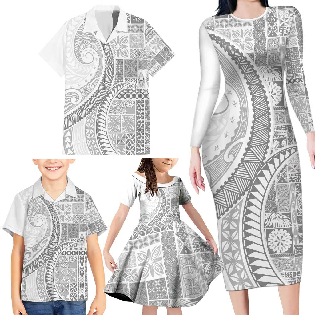 Samoa Siapo White Sunday Family Matching Long Sleeve Bodycon Dress and Hawaiian Shirt Lotu Tamaiti Polynesian White Pattern - Polynesian Pride