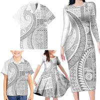 Samoa Siapo White Sunday Family Matching Long Sleeve Bodycon Dress and Hawaiian Shirt Lotu Tamaiti Polynesian White Pattern - Polynesian Pride