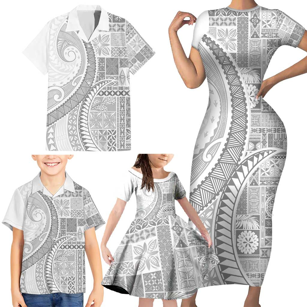 Samoa Siapo White Sunday Family Matching Short Sleeve Bodycon Dress and Hawaiian Shirt Lotu Tamaiti Polynesian White Pattern - Polynesian Pride