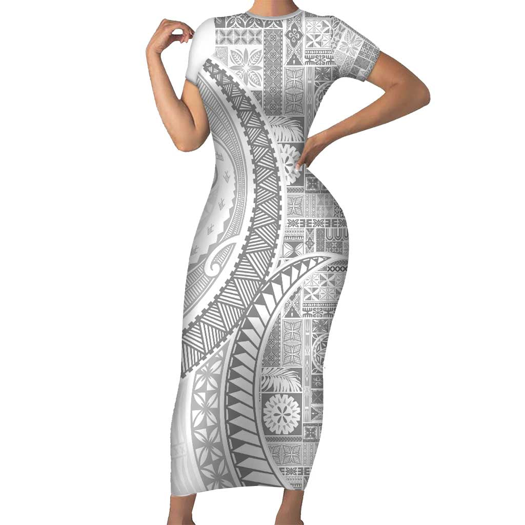 Samoa Siapo White Sunday Family Matching Short Sleeve Bodycon Dress and Hawaiian Shirt Lotu Tamaiti Polynesian White Pattern - Polynesian Pride