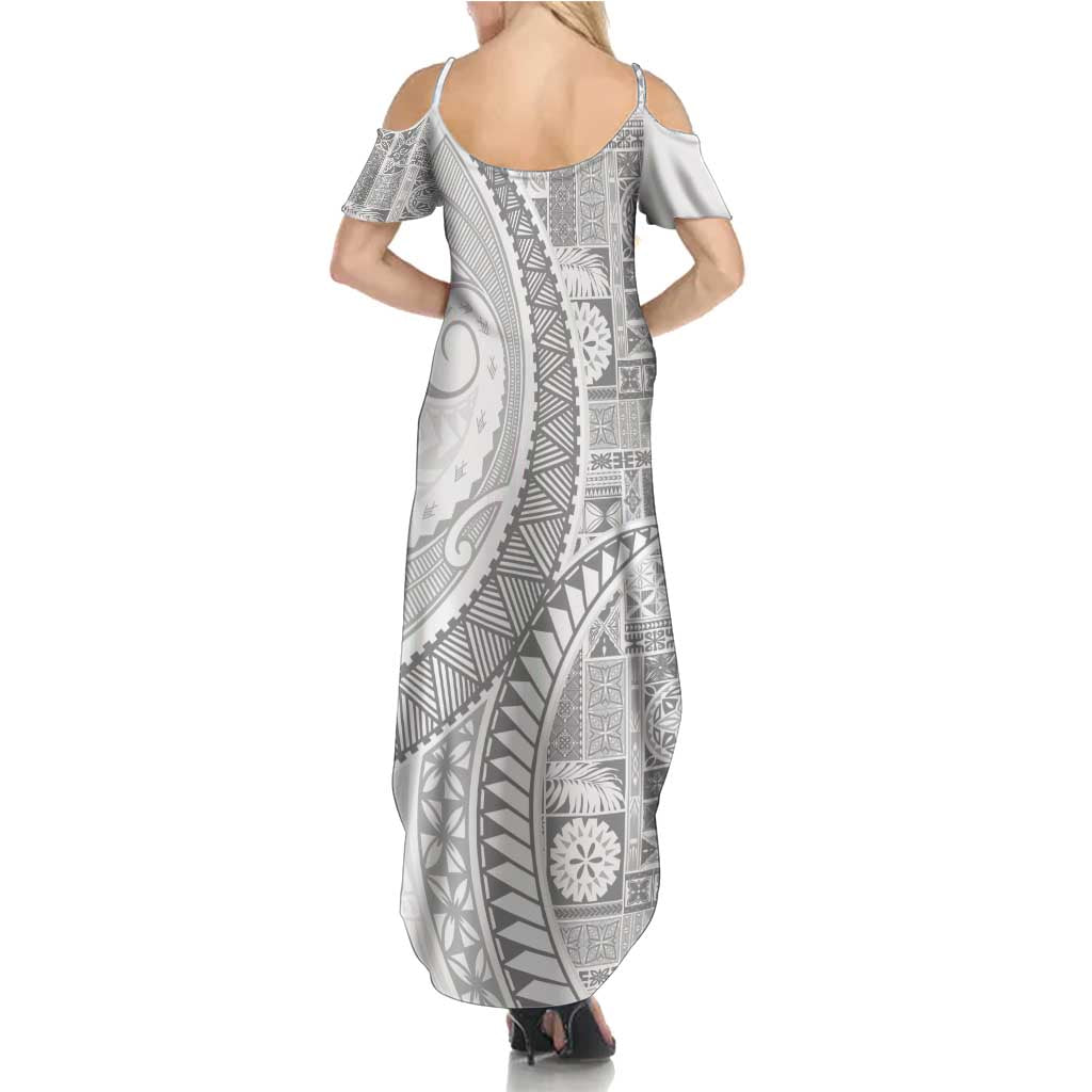 Samoa Siapo White Sunday Family Matching Summer Maxi Dress and Hawaiian Shirt Lotu Tamaiti Polynesian White Pattern - Polynesian Pride