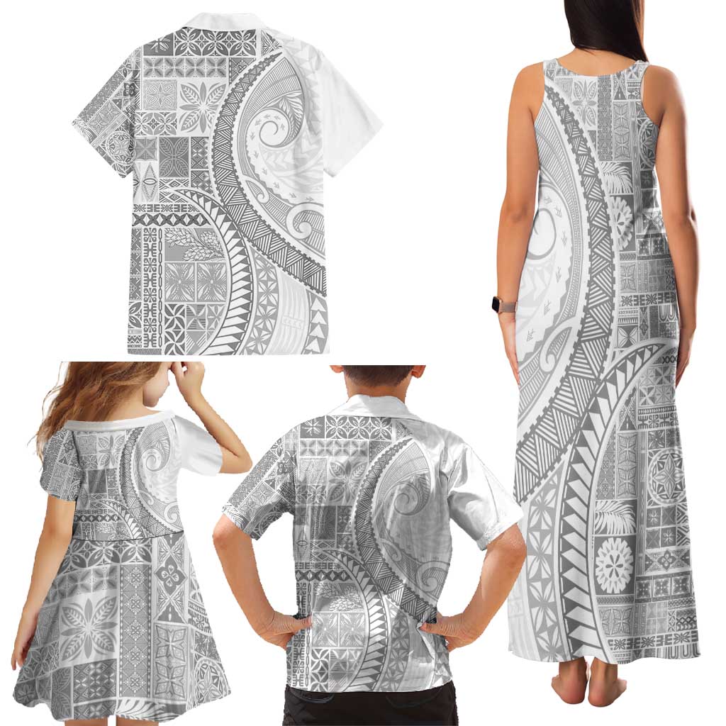 Samoa Siapo White Sunday Family Matching Tank Maxi Dress and Hawaiian Shirt Lotu Tamaiti Polynesian White Pattern - Polynesian Pride