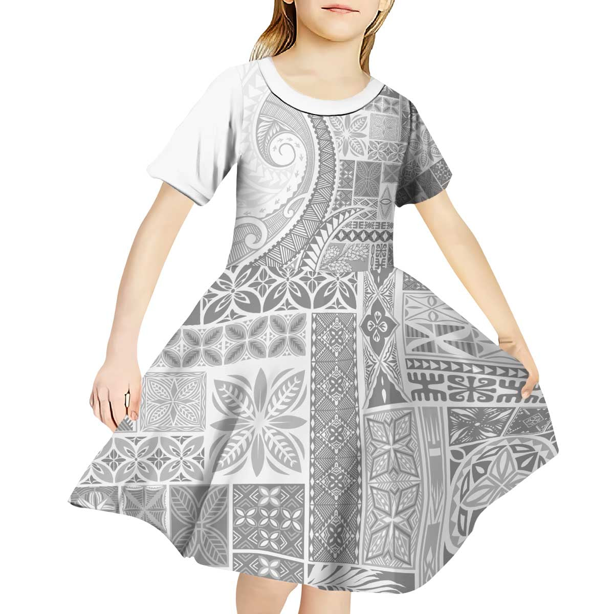 Samoa Siapo White Sunday Kid Short Sleeve Dress Lotu Tamaiti Polynesian White Pattern - Polynesian Pride