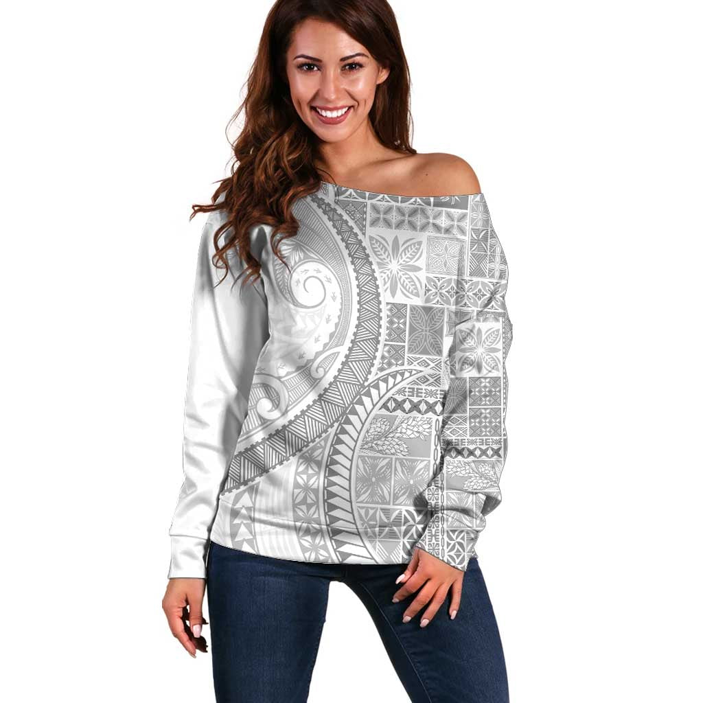 Samoa Siapo White Sunday Off Shoulder Sweater Lotu Tamaiti Polynesian White Pattern - Polynesian Pride