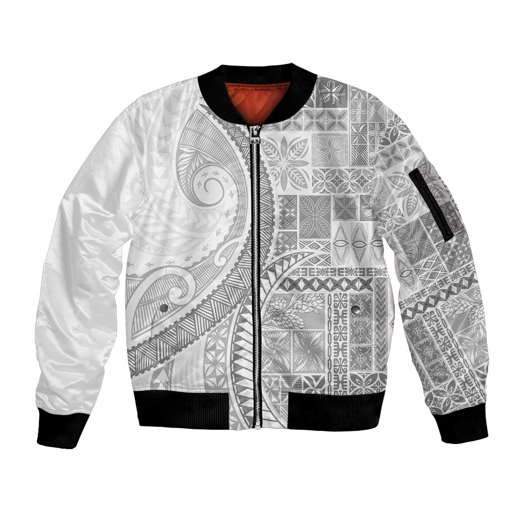 Samoa Siapo White Sunday Sleeve Zip Bomber Jacket Lotu Tamaiti Polynesian White Pattern - Polynesian Pride