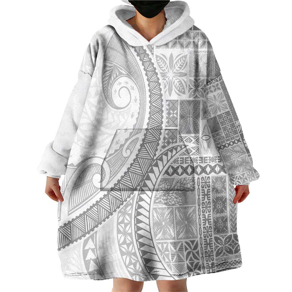 Samoa Siapo White Sunday Wearable Blanket Hoodie Lotu Tamaiti Polynesian White Pattern - Polynesian Pride