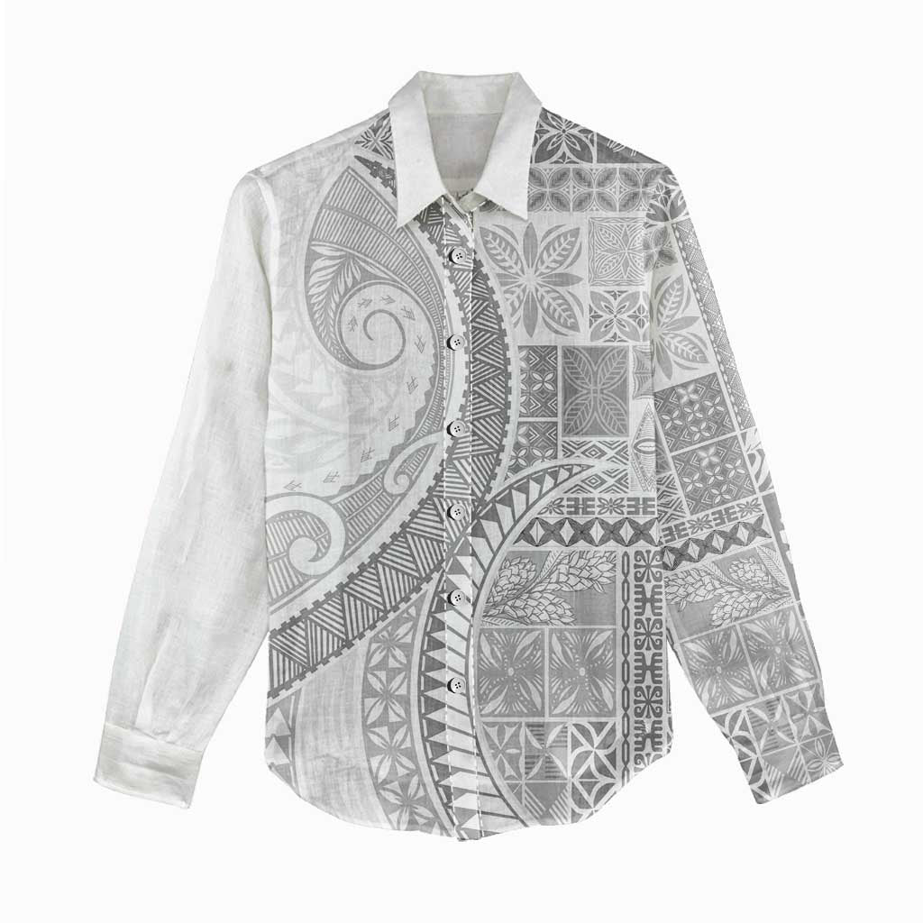 Samoa Siapo White Sunday Women Casual Shirt Lotu Tamaiti Polynesian White Pattern - Polynesian Pride
