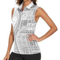 Samoa Siapo White Sunday Women Sleeveless Polo Shirt Lotu Tamaiti Polynesian White Pattern - Polynesian Pride
