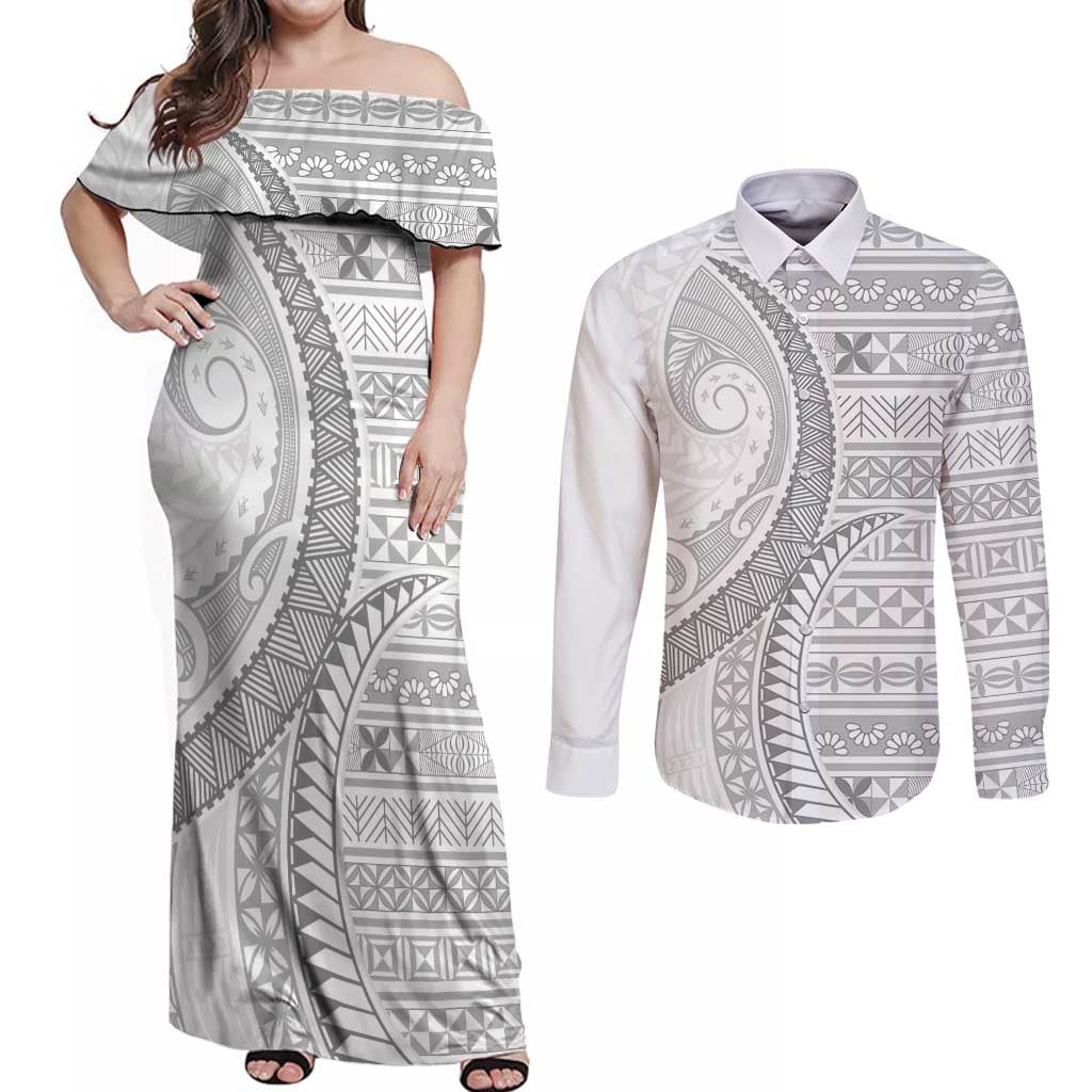 Tokelau White Sunday Couples Matching Off Shoulder Maxi Dress and Long Sleeve Button Shirt Lotu Tamaiti Ngatu Tokelau Feletoa Manulua - Polynesian Pride