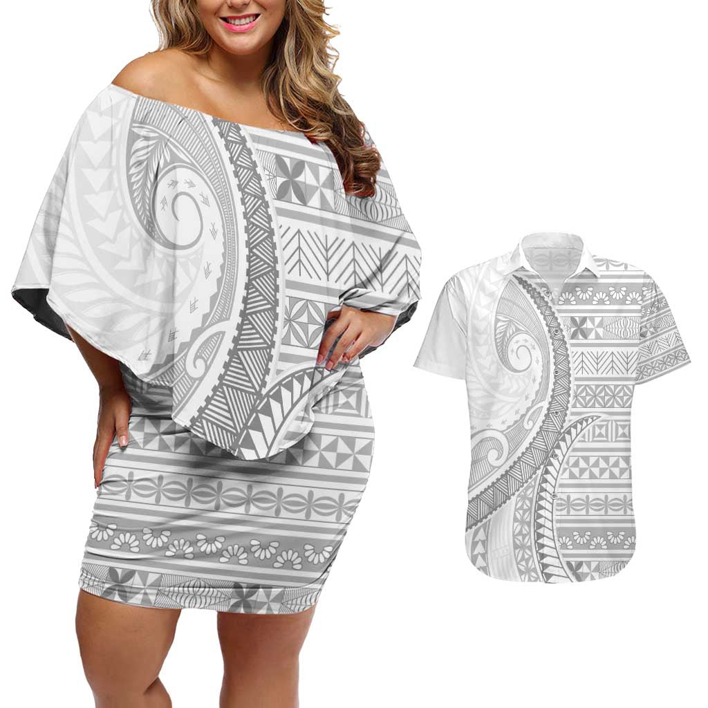 Tokelau White Sunday Couples Matching Off Shoulder Short Dress and Hawaiian Shirt Lotu Tamaiti Ngatu Tokelau Feletoa Manulua - Polynesian Pride