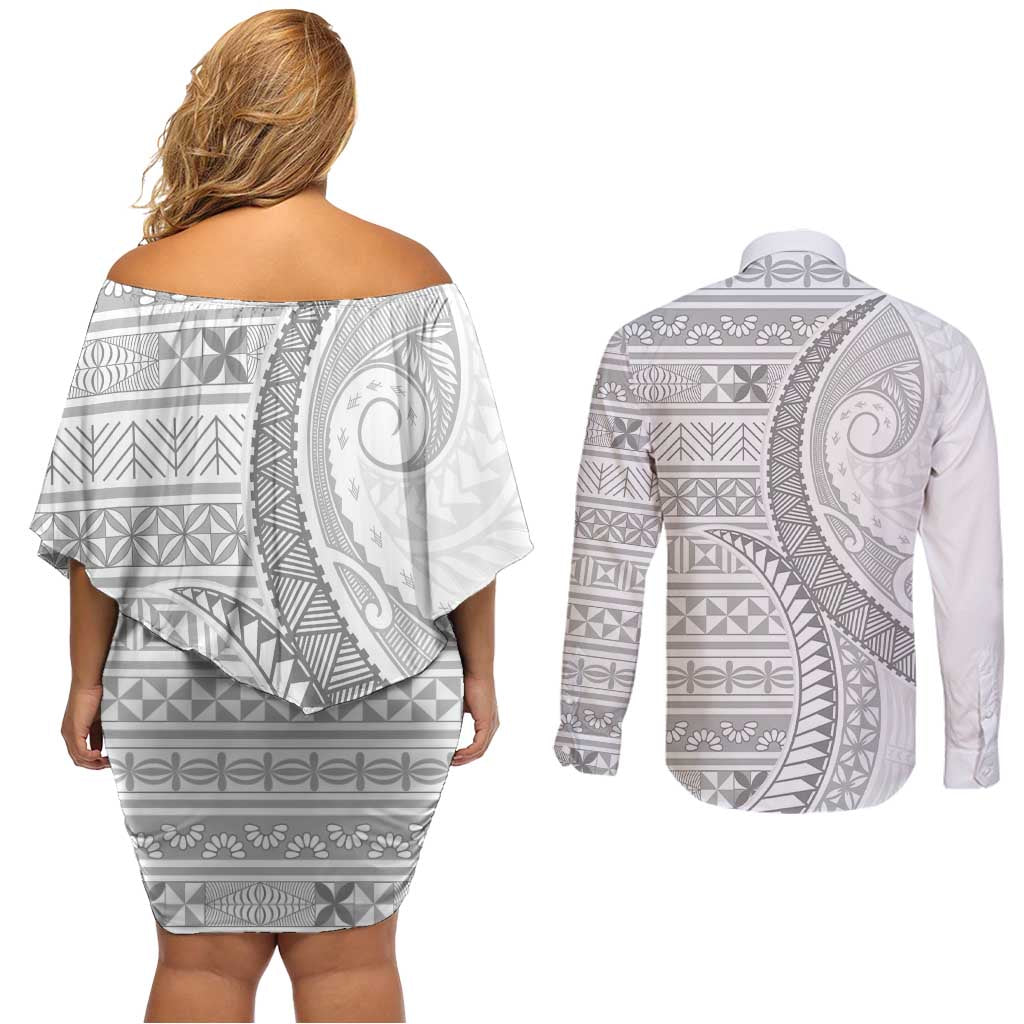 Tokelau White Sunday Couples Matching Off Shoulder Short Dress and Long Sleeve Button Shirt Lotu Tamaiti Ngatu Tokelau Feletoa Manulua - Polynesian Pride