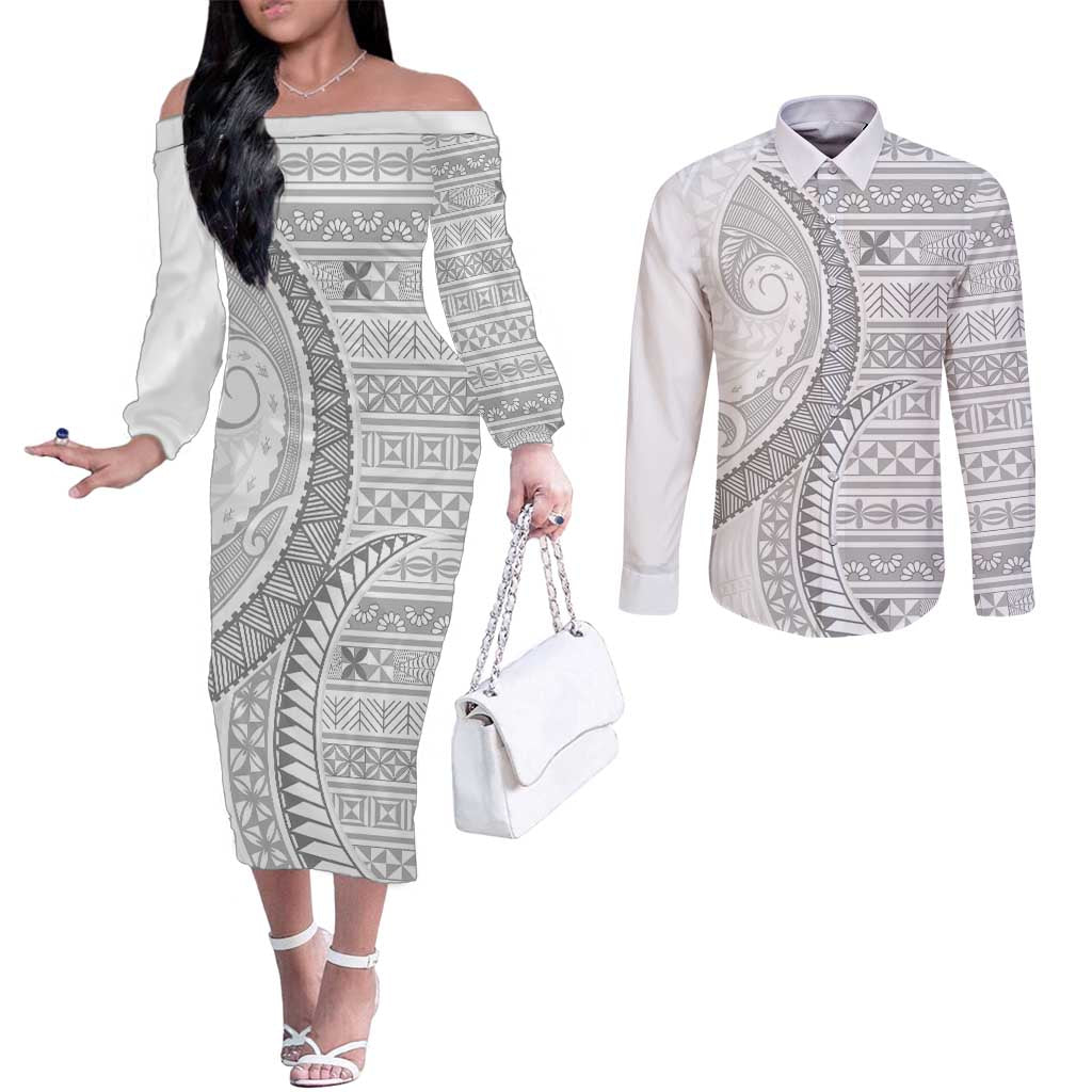 Tokelau White Sunday Couples Matching Off The Shoulder Long Sleeve Dress and Long Sleeve Button Shirt Lotu Tamaiti Ngatu Tokelau Feletoa Manulua - Polynesian Pride