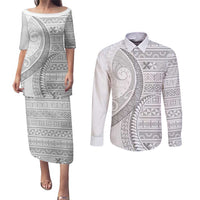 Tokelau White Sunday Couples Matching Puletasi and Long Sleeve Button Shirt Lotu Tamaiti Ngatu Tokelau Feletoa Manulua - Polynesian Pride