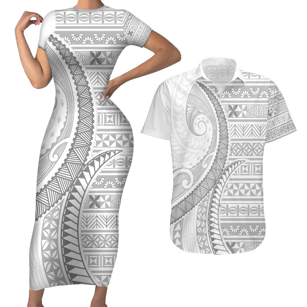 Tokelau White Sunday Couples Matching Short Sleeve Bodycon Dress and Hawaiian Shirt Lotu Tamaiti Ngatu Tokelau Feletoa Manulua - Polynesian Pride