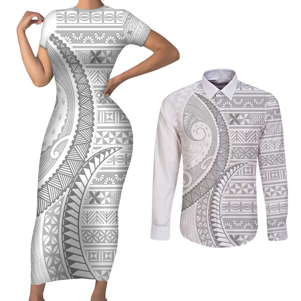 Tokelau White Sunday Couples Matching Short Sleeve Bodycon Dress and Long Sleeve Button Shirt Lotu Tamaiti Ngatu Tokelau Feletoa Manulua - Polynesian Pride