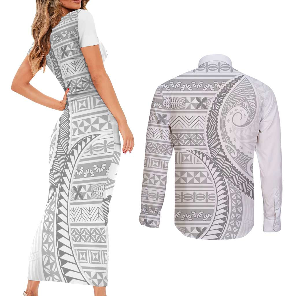 Tokelau White Sunday Couples Matching Short Sleeve Bodycon Dress and Long Sleeve Button Shirt Lotu Tamaiti Ngatu Tokelau Feletoa Manulua - Polynesian Pride