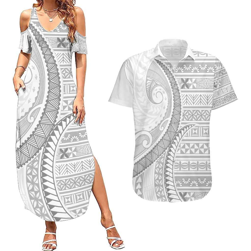 Tokelau White Sunday Couples Matching Summer Maxi Dress and Hawaiian Shirt Lotu Tamaiti Ngatu Tokelau Feletoa Manulua - Polynesian Pride
