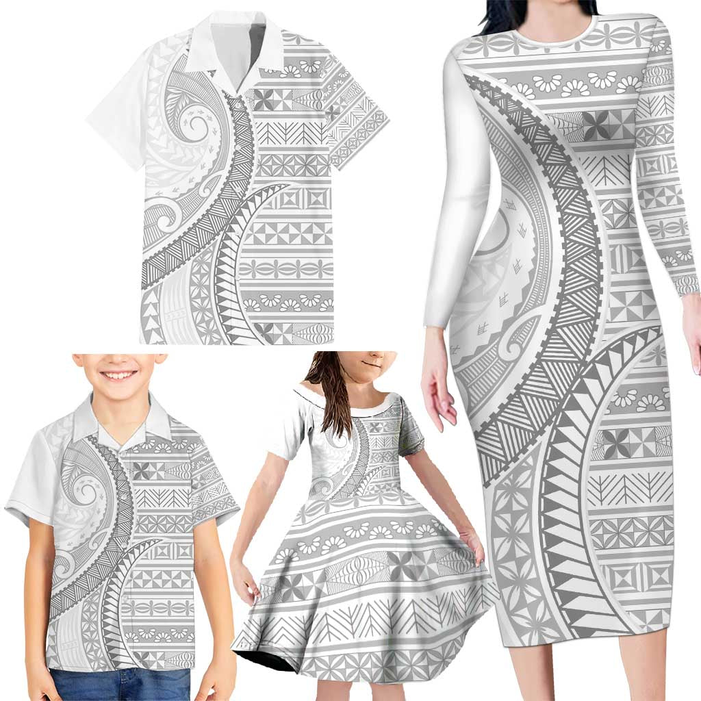 Tokelau White Sunday Family Matching Long Sleeve Bodycon Dress and Hawaiian Shirt Lotu Tamaiti Ngatu Tokelau Feletoa Manulua - Polynesian Pride