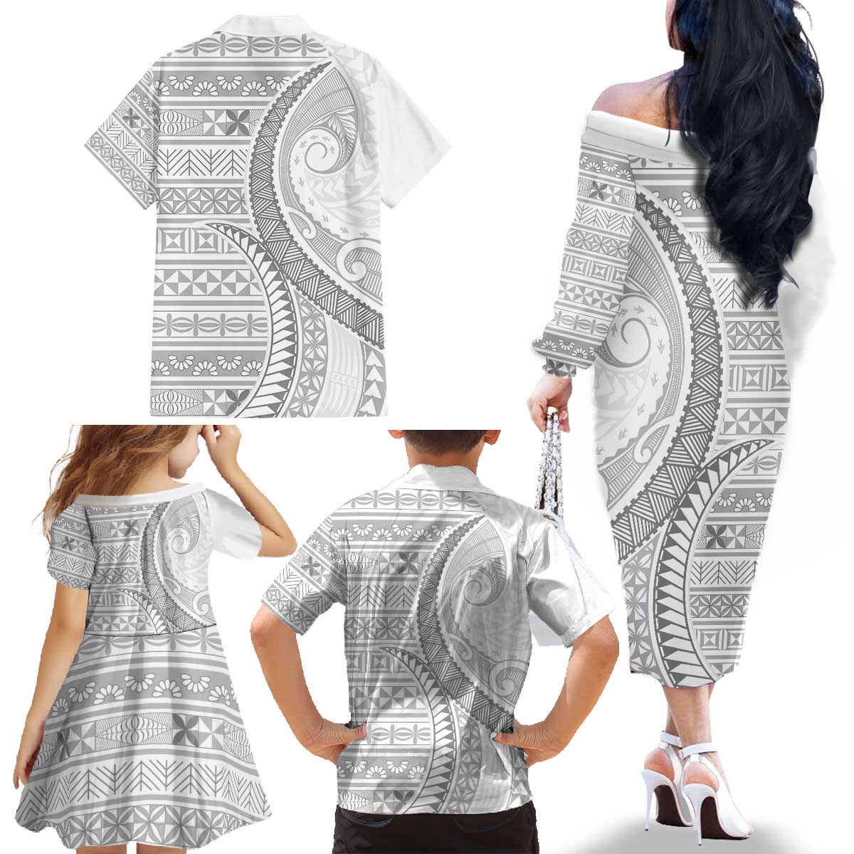 Tokelau White Sunday Family Matching Off The Shoulder Long Sleeve Dress and Hawaiian Shirt Lotu Tamaiti Ngatu Tokelau Feletoa Manulua - Polynesian Pride