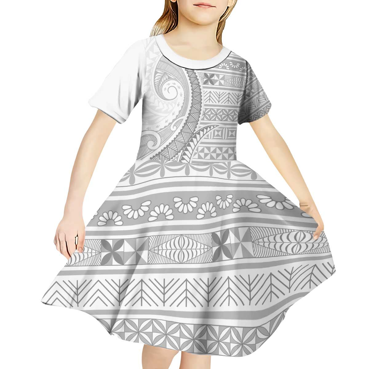 Tokelau White Sunday Kid Short Sleeve Dress Lotu Tamaiti Ngatu Tokelau Feletoa Manulua - Polynesian Pride