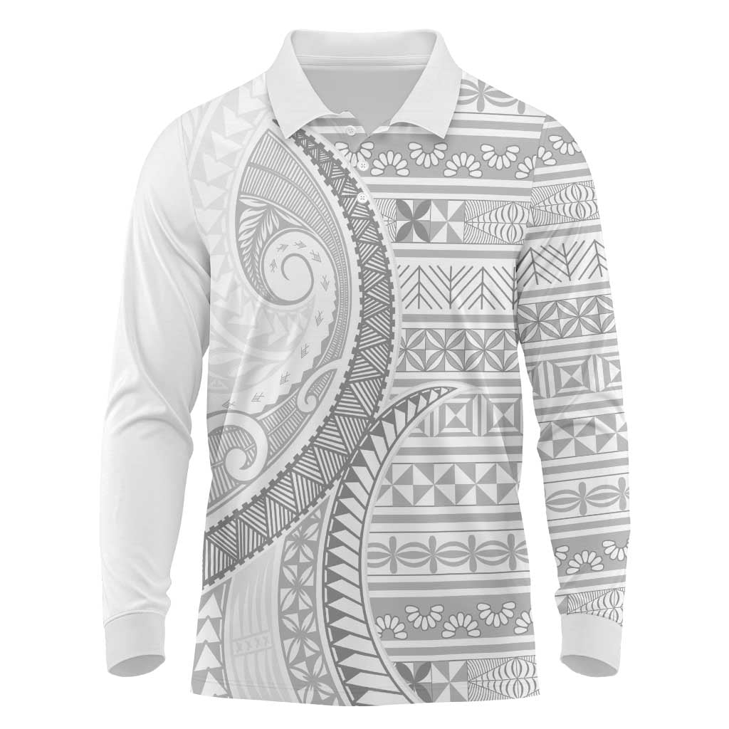 Tokelau White Sunday Long Sleeve Polo Shirt Lotu Tamaiti Ngatu Tokelau Feletoa Manulua - Polynesian Pride