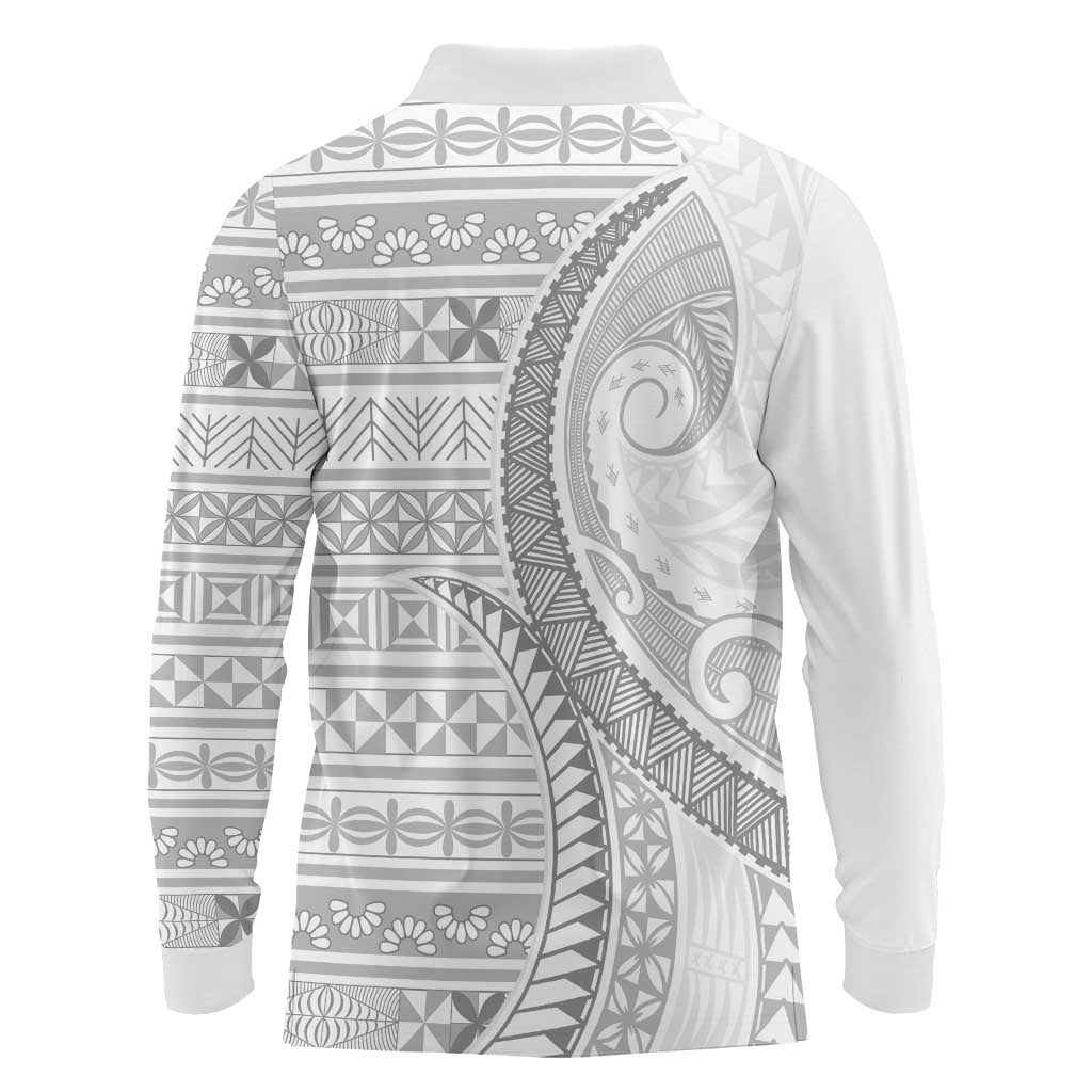 Tokelau White Sunday Long Sleeve Polo Shirt Lotu Tamaiti Ngatu Tokelau Feletoa Manulua - Polynesian Pride