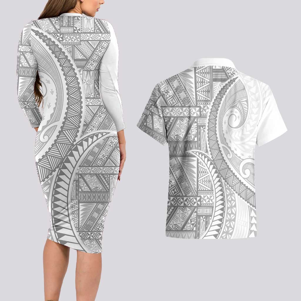 Tonga White Sunday Couples Matching Long Sleeve Bodycon Dress and Hawaiian Shirt Lotu Tamaiti Ngatu Tribal - Polynesian Pride
