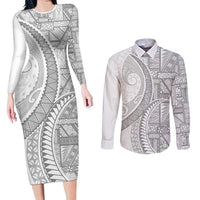 Tonga White Sunday Couples Matching Long Sleeve Bodycon Dress and Long Sleeve Button Shirt Lotu Tamaiti Ngatu Tribal - Polynesian Pride
