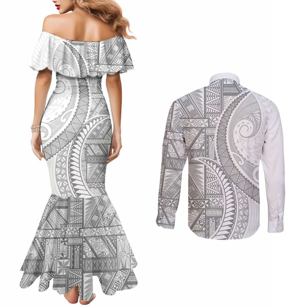 Tonga White Sunday Couples Matching Mermaid Dress and Long Sleeve Button Shirt Lotu Tamaiti Ngatu Tribal - Polynesian Pride