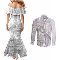 Tonga White Sunday Couples Matching Mermaid Dress and Long Sleeve Button Shirt Lotu Tamaiti Ngatu Tribal - Polynesian Pride