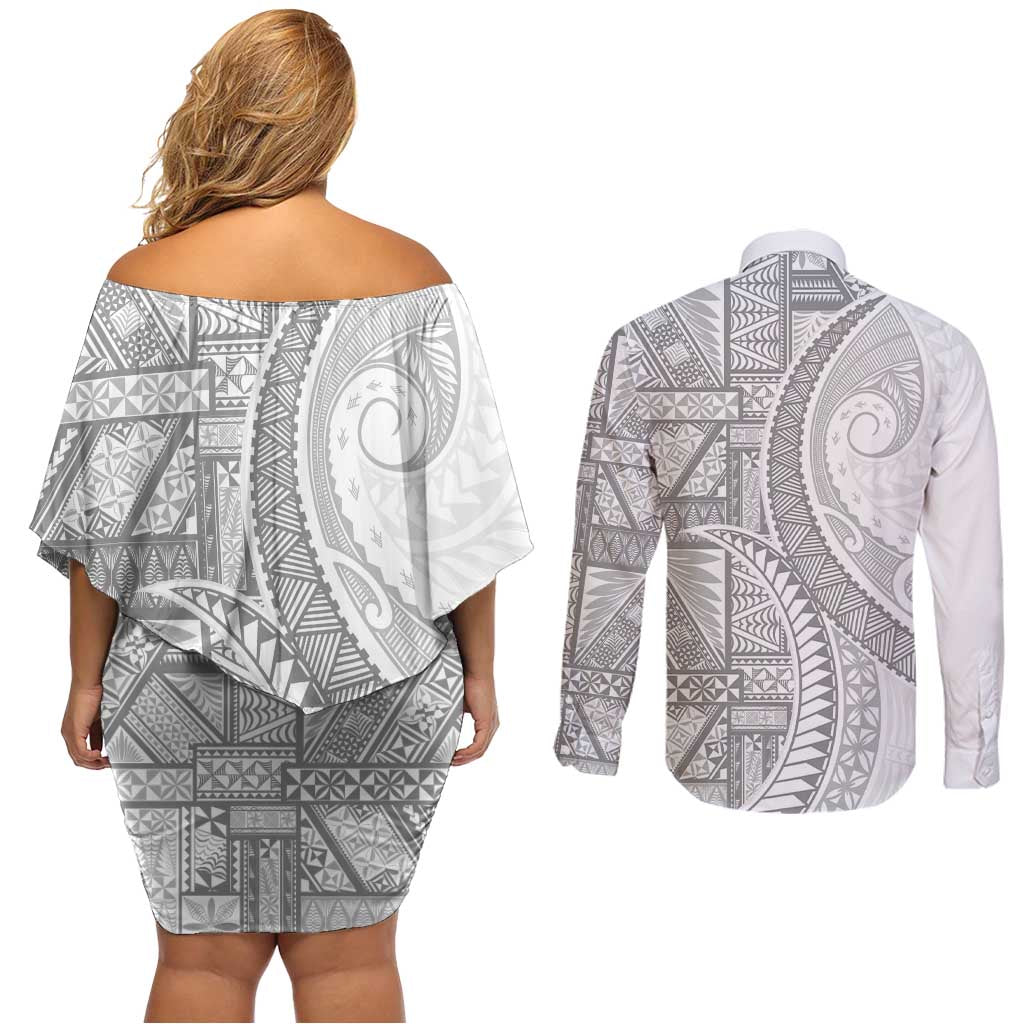 Tonga White Sunday Couples Matching Off Shoulder Short Dress and Long Sleeve Button Shirt Lotu Tamaiti Ngatu Tribal - Polynesian Pride