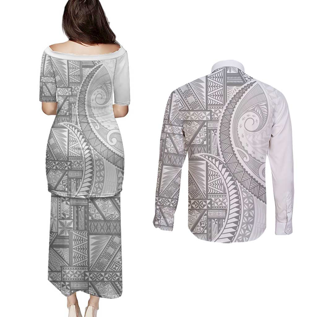 Tonga White Sunday Couples Matching Puletasi and Long Sleeve Button Shirt Lotu Tamaiti Ngatu Tribal - Polynesian Pride