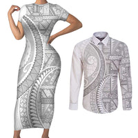 Tonga White Sunday Couples Matching Short Sleeve Bodycon Dress and Long Sleeve Button Shirt Lotu Tamaiti Ngatu Tribal - Polynesian Pride