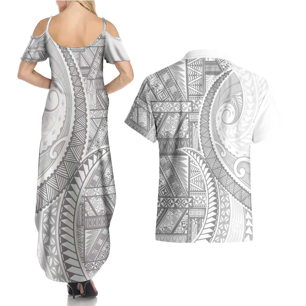 Tonga White Sunday Couples Matching Summer Maxi Dress and Hawaiian Shirt Lotu Tamaiti Ngatu Tribal - Polynesian Pride