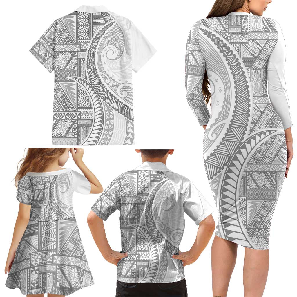 Tonga White Sunday Family Matching Long Sleeve Bodycon Dress and Hawaiian Shirt Lotu Tamaiti Ngatu Tribal - Polynesian Pride