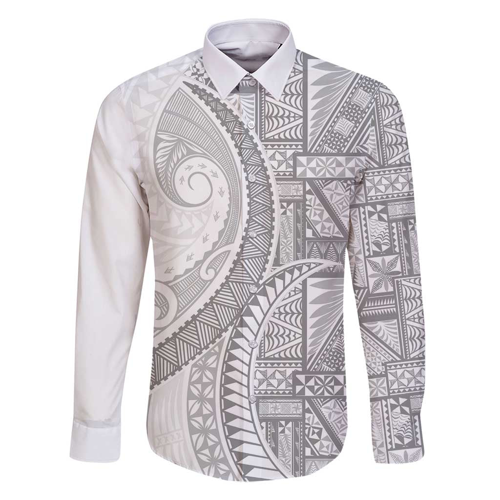 Tonga White Sunday Family Matching Long Sleeve Bodycon Dress and Hawaiian Shirt Lotu Tamaiti Ngatu Tribal - Polynesian Pride