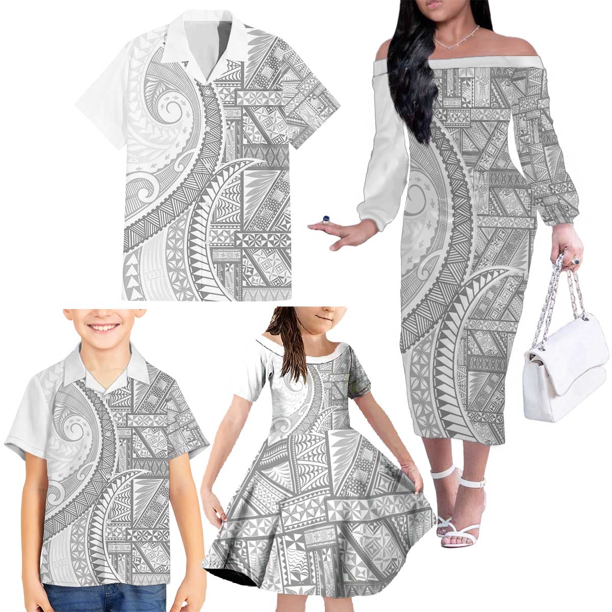 Tonga White Sunday Family Matching Off The Shoulder Long Sleeve Dress and Hawaiian Shirt Lotu Tamaiti Ngatu Tribal - Polynesian Pride