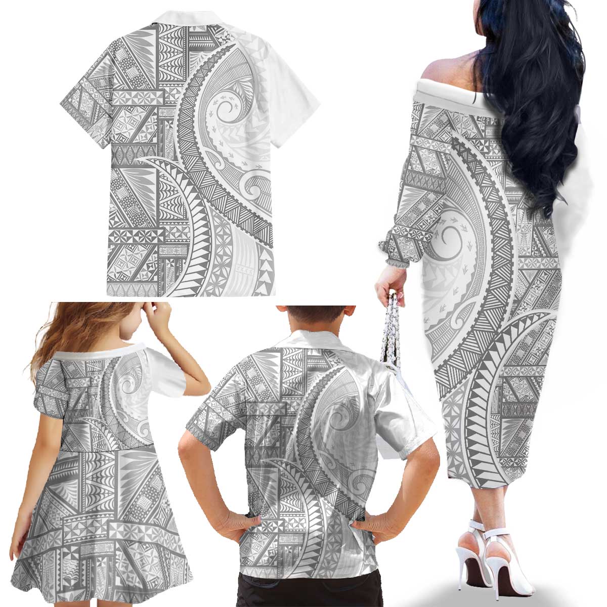 Tonga White Sunday Family Matching Off The Shoulder Long Sleeve Dress and Hawaiian Shirt Lotu Tamaiti Ngatu Tribal - Polynesian Pride