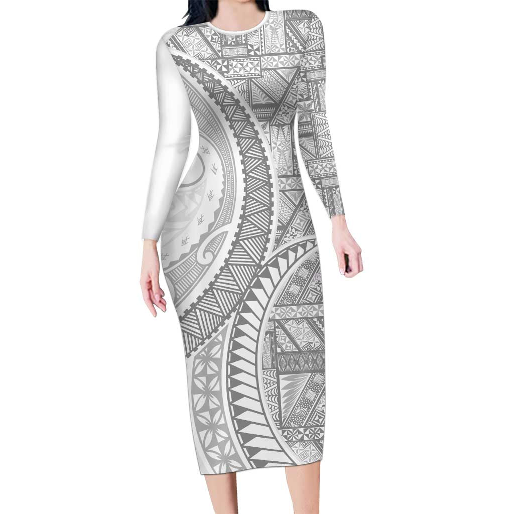 Tonga White Sunday Long Sleeve Bodycon Dress Lotu Tamaiti Ngatu Tribal - Polynesian Pride