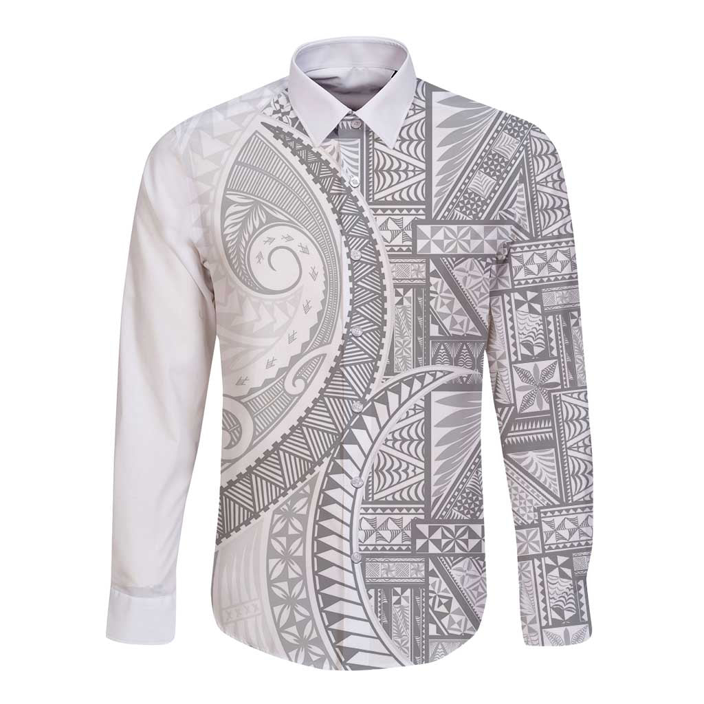 Tonga White Sunday Long Sleeve Button Shirt Lotu Tamaiti Ngatu Tribal - Polynesian Pride