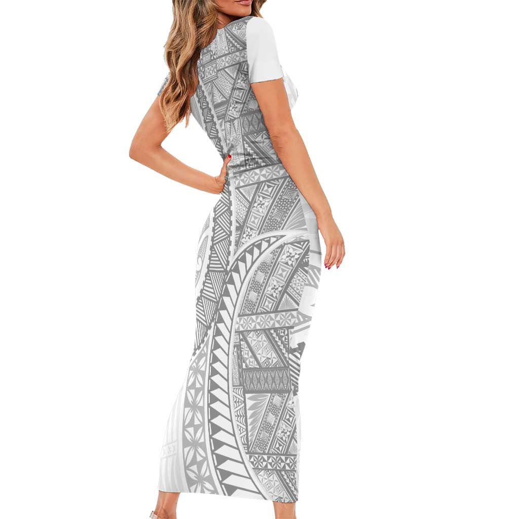 Tonga White Sunday Short Sleeve Bodycon Dress Lotu Tamaiti Ngatu Tribal - Polynesian Pride