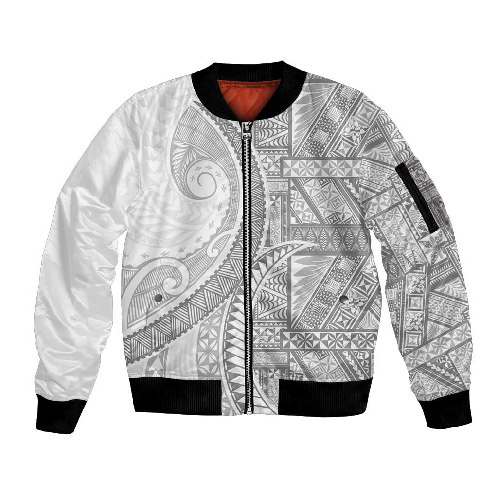 Tonga White Sunday Sleeve Zip Bomber Jacket Lotu Tamaiti Ngatu Tribal - Polynesian Pride