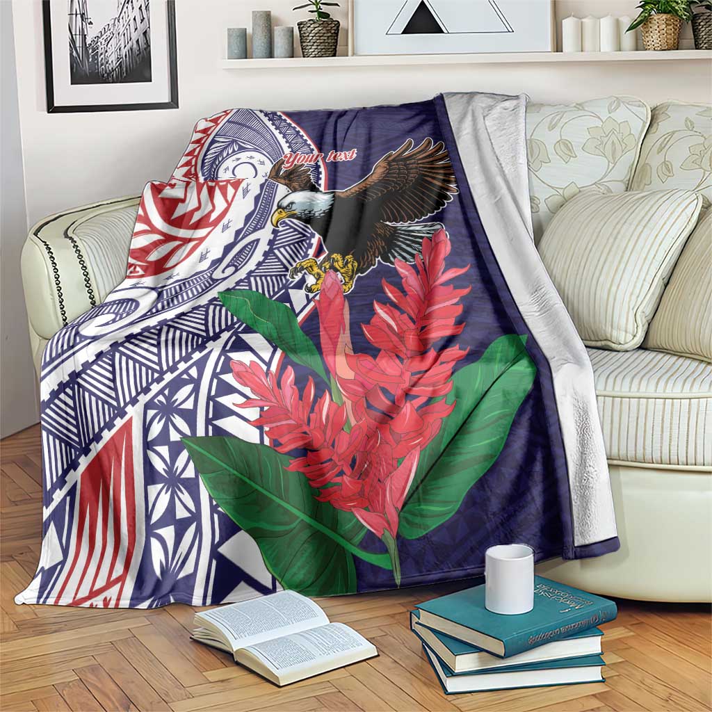 American Samoa Bald Eagle Personalized Blanket Polynesian Teuila Flowers - Polynesian Pride