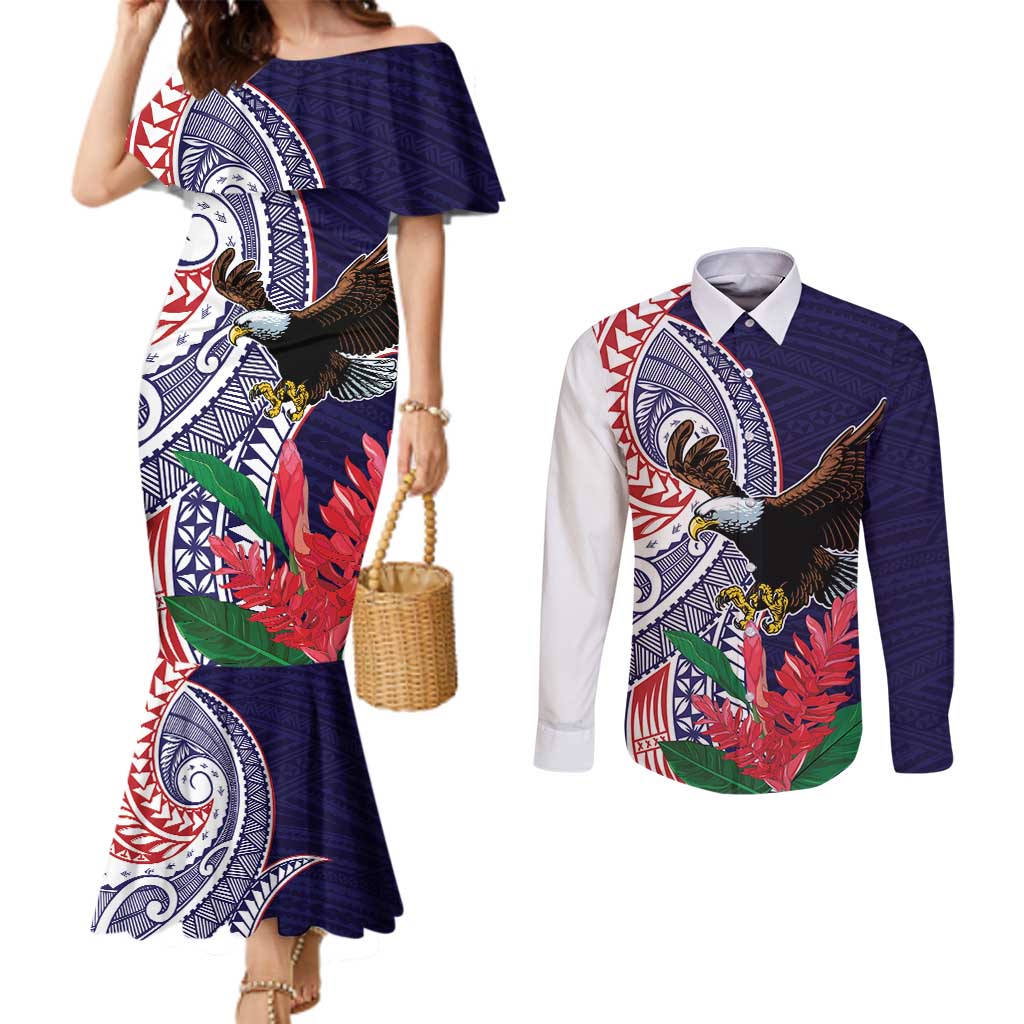 American Samoa Bald Eagle Personalized Couples Matching Mermaid Dress and Long Sleeve Button Shirt Polynesian Teuila Flowers - Polynesian Pride