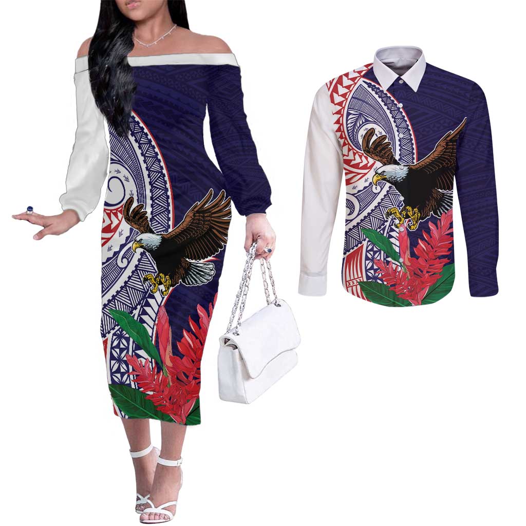 American Samoa Bald Eagle Personalized Couples Matching Off The Shoulder Long Sleeve Dress and Long Sleeve Button Shirt Polynesian Teuila Flowers - Polynesian Pride