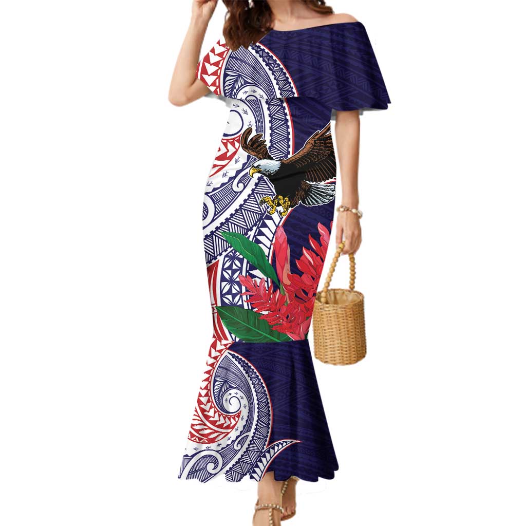 American Samoa Bald Eagle Personalized Family Matching Mermaid Dress and Hawaiian Shirt Polynesian Teuila Flowers - Polynesian Pride