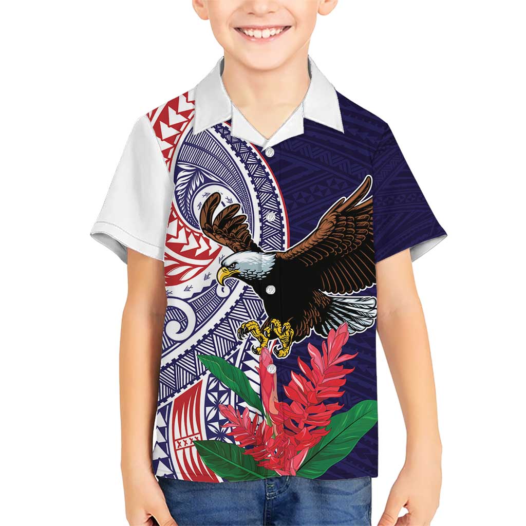 American Samoa Bald Eagle Personalized Kid Hawaiian Shirt Polynesian Teuila Flowers - Polynesian Pride
